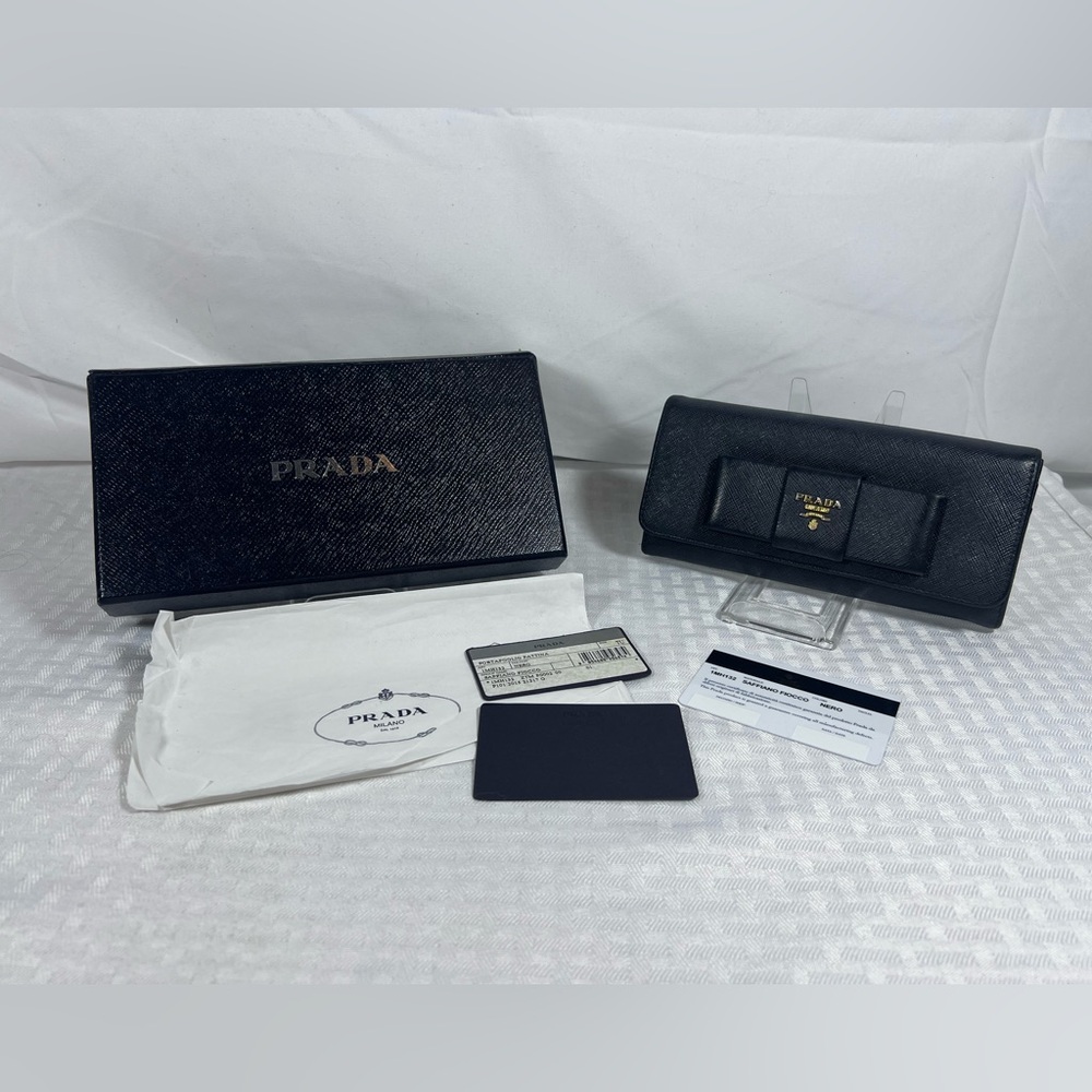 Prada Saffiano Bow Continental Wallet Black Leather Italy